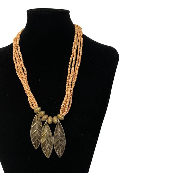 Handmade Multistrand Beaded Necklace 20" Bronze Leaf Pendants Gold Accents - Picture 4 of 6